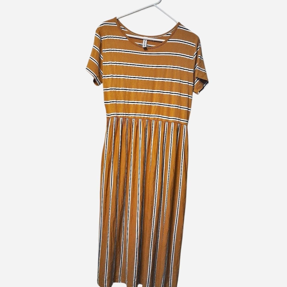 Tickled Teal Mustard and White Striped Midi Dress with Pockets
